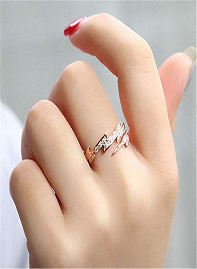 QIAN0813 خاتم مفتوح قابل للتعديل بلون الذهب الوردي عيار 18 قيراط بتصميم صاعقة للنساء، مرصع بحجر الزركون المكعب اللامع، مجوهرات عصرية (ذهب وردي عيار 18 قيراط) - Image 3